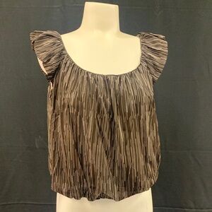Studio M Petite Small brown with tan vertical lines & cap sleeves round neck